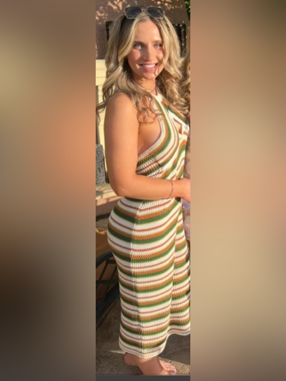 Camilla Striped Halter Knit Midi Dress in Green and Cream XL